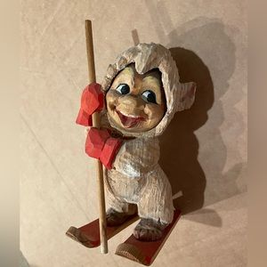 Vintage Hand Carved  Ski Troll Norway Wood Carving Folk Art Gnome Skiing Happy